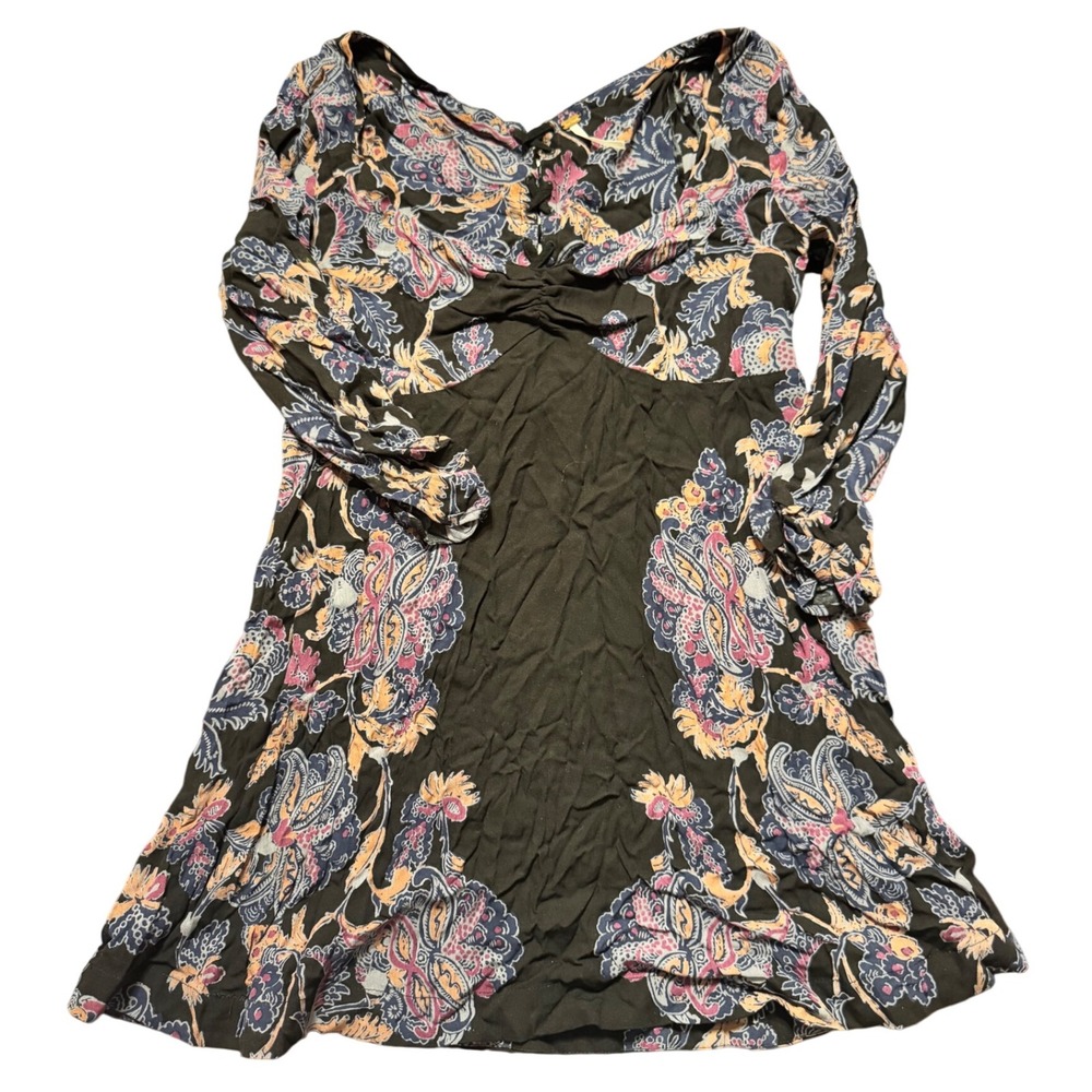 Free People Paisley Print Long Sleeve Tunic Dress Black Pink Blue Size L‎